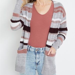 Maurices Gray Multi Pink Stripe pocket open front Cardigan- Large